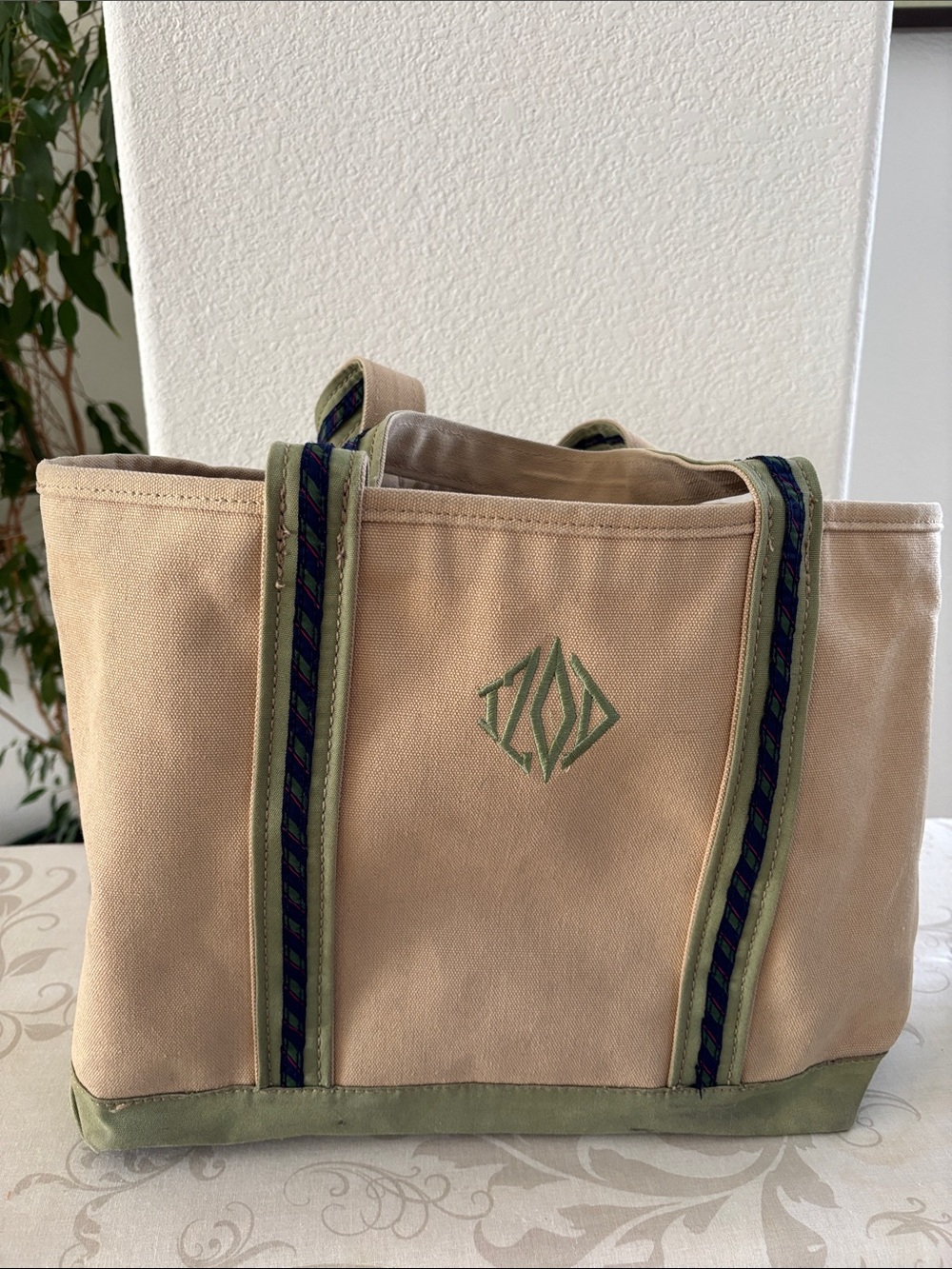 Beige Canvas Tote with Green Trim and Embroidered Monogram